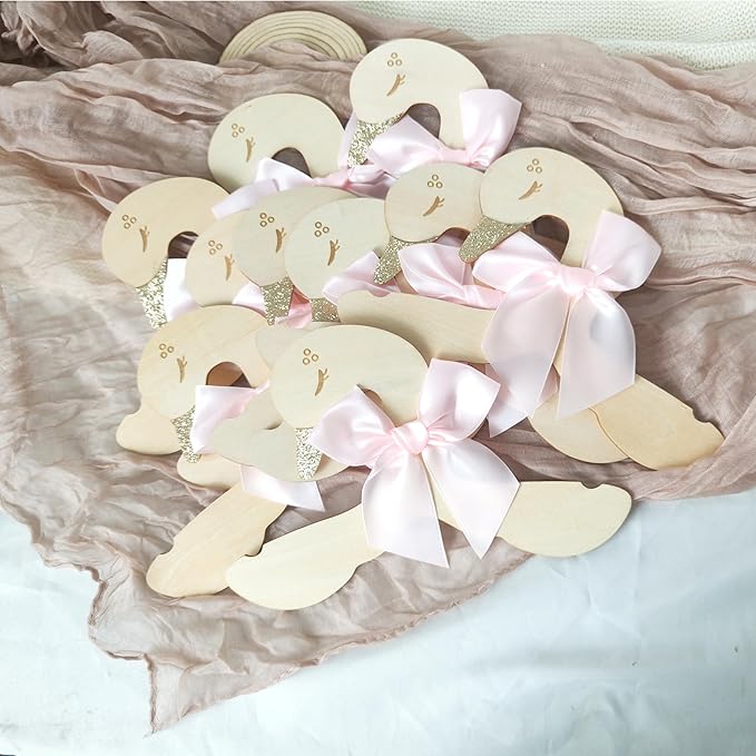 Wooden Swan Hangers with Pink Satin Bows, Gold Glitter Accents, 10 Pieces, Nursery Decor for Baby Shower，Suit Hangers- Girls Bedroom Closet Decorations,Kids Hanger with Bow,Baby Clothes Storage