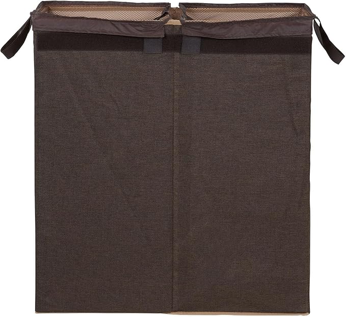 Household Essentials Double Laundry Hamper with Lid, Two Compartments for Easy Sorting with Removable Liner, Collapsible, Brown Linen 5614