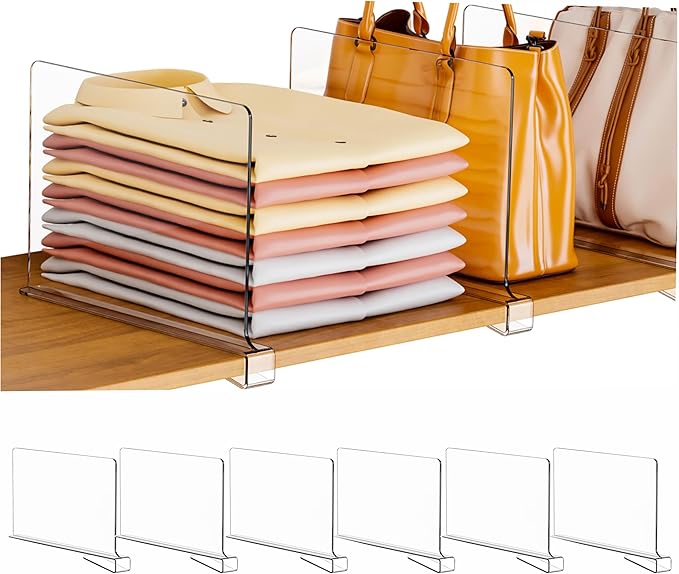 Clear Acrylic Shelf Dividers for Closet Organization - 6 Pack Closet Shelf Divider for Sweatshirt,Towel,Bag,Purse,Clothing,Sweater Organizer,Plastic Dividers and Separators for Shelves and Bedroom