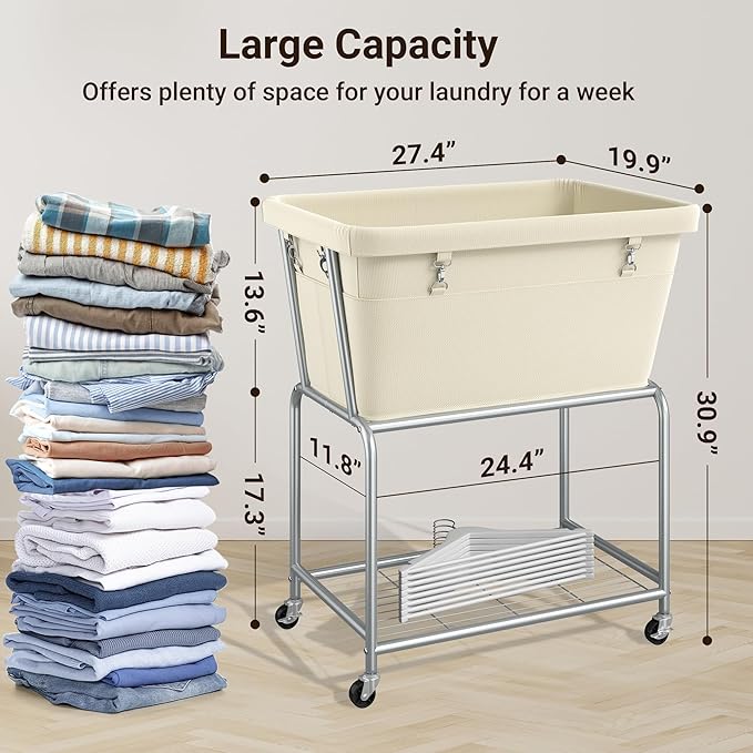 ELYKEN Rolling Laundry Hamper with Wheels, 32-Gallon (122L) Laundry Cart with Removable Bag, 2-Tier Clothes Basket Hamper with Shelf for Closet, Bedroom, Bathroom, Laundry Room, Cream