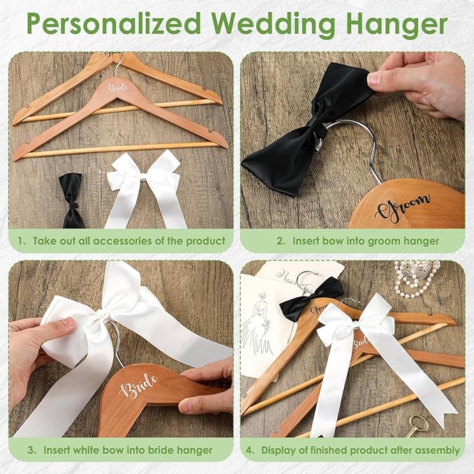 2 Pack Bride and Groom Wedding Hanger Set with Ribbon Bow Wooden Dress Suit Hanger Gift for Wedding Bridal Party Photo Decor(Wood Color,Classic)