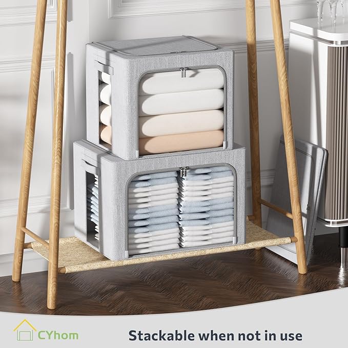 CYhom 3Pack Foldable Storage Bins - Frame Storage Box Linen Fabric Stackable Clothes Container Organizer with Clear Window & Carry Handles Large Capacity (Medium-36L, Light Grey)