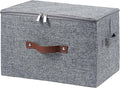 Storage Bins with Zipper Lid Cotton Linen Fabric Lidded Storage Baskets Boxes Foldable Washable Closet Shelf Clothes Organizer Container with PU Leather Handles (Gray, Large Size)