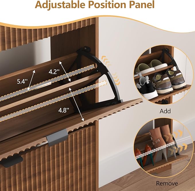 Shoe Cabinet Storage for Entryway with 3 Flip Drawers, Walnut Fluted Shoe Cabinet with Adjustable Shelves, Wooden Hidden Shoe Rack Freestanding Narrow Slim Shoes Storage for Hallway, Entrance