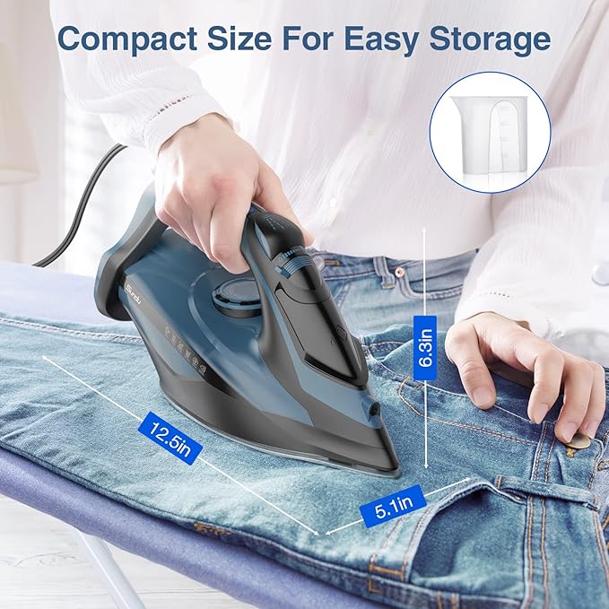Steam Iron for Clothes 12s Fast Heat-up, 1500W Iron with 13.21oz Water Tank, 3-Way Auto shutoff, Burst Steam, Spray Mist, Anti-Drip, Self-Cleaning, Vertical Ironing for Home