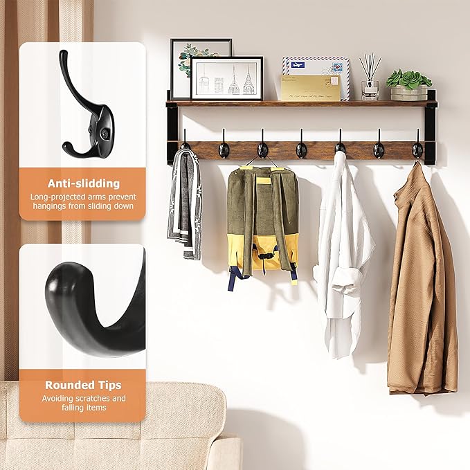 Wall Hooks with Shelf, 28.7 Inch Coat Rack Wall Mount with Hook for Coat Backpack Key Clothes Hanger, Wall Floating Shelf Hanging in Entryway, Living Room, Bathroom, Bedroom, Kitchen