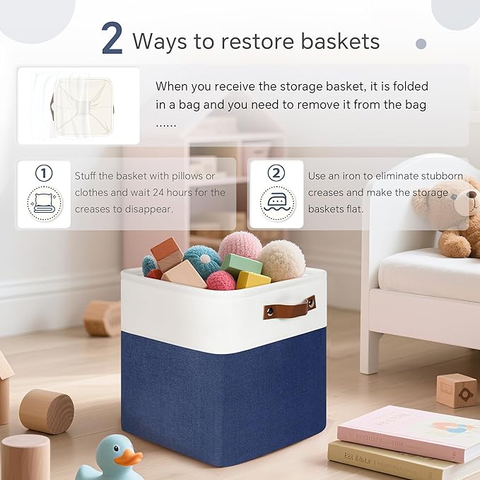 Cube Storage Baskets 6 Pack, 11x11 inch Cube Storage Bins with Leather Handles for Shelf Closet (White/ Blue)