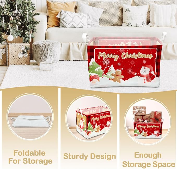 1 Pcs Merry Christmas Storage Basket, Red Plaid Decor Christmas Gift, Santa Claus Storage Boxes, Storage Boxes for Home Clothes, Toys and Books, Winter Xmas Party Decor Storage