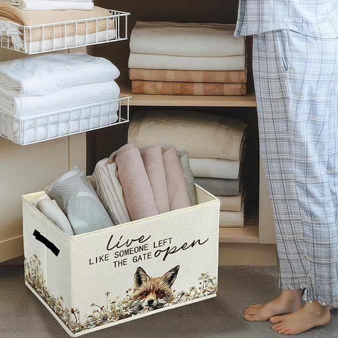 Rustic Fox Storage Bins & Boxes with Handles, Farmhouse Fox Foldable Basket for Organizing, Live Like Someone Left the Gate Open Collapsible Storage Basket for Bedroom Bathroom Clothes Toys