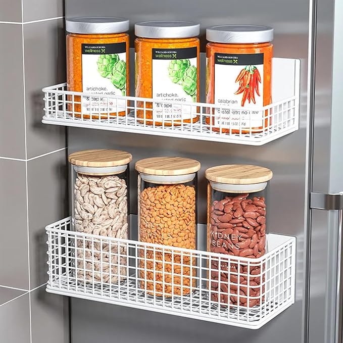 Magnetic Basket Fridge Organizer Wire Bins Pencil Holder Whiteboard Accessories Home Kitchen Organization (White-High)