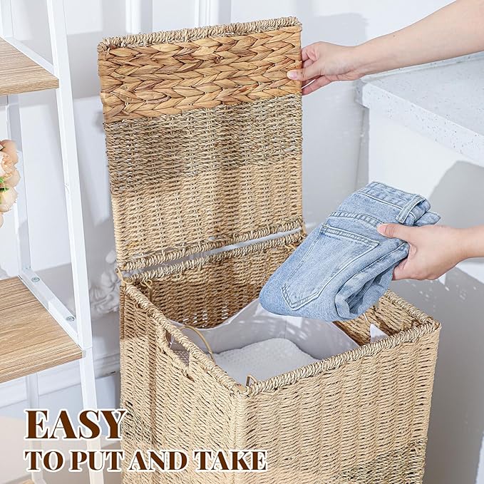65 L Rolling Wicker Laundry Basket Laundry Hamper with Lid Decorative Woven Hamper with Washable Removable Liner Bags and Handles for Clothes Tricolor Natural Water Hyacinth(1 Sections)