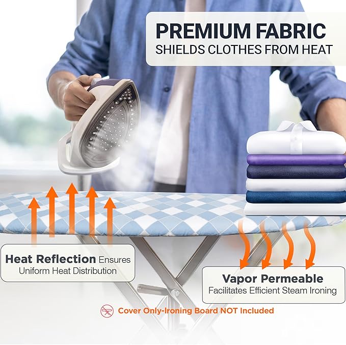Ironing Board Cover and Pad 15"x54" Extra Thick Natural Cotton, Scorch and Stain Resistant Padding, Standard Size Iron Board Cover with Fasteners Heavy Duty Elastic Edge, Heatproof Checkered