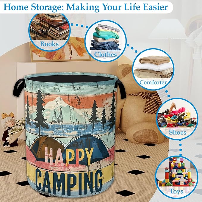 Happy Camping Laundry Basket Collapsible Laundry Hamper, Oxford Cloth Storage Bin for Room/Bathroom/Bedroom/Dormitories 16" X 20.8"