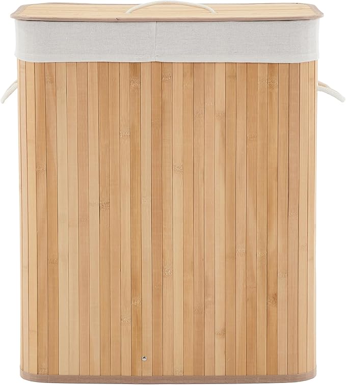 GarveeHome Folding Bamboo Laundry Hamper with Lid, 28 Gal / 106L Wooden Laundry Basket with Washable Liner Bag, Slim Clothes Storage Hamper for Small Bedrooms Apartments Dorms, Natural