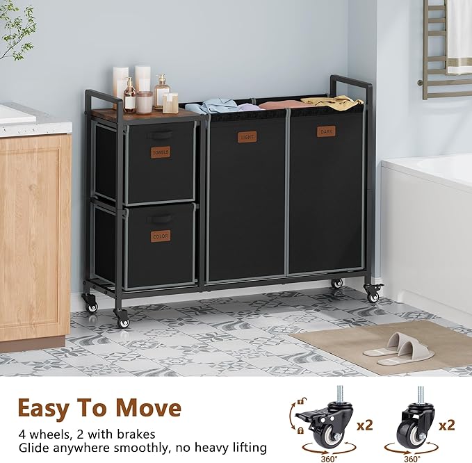 Hoctieon 4 Section Laundry Cart, 48 Gal. (182L) Laundry Hamper with Lid, Laundry Basket with Wheels, Rolling Laundry Sorter Organizer with Shelf, Clothes Separator with Removable Bags, Black