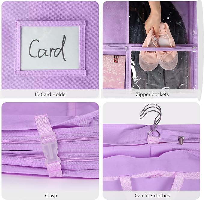 Univivi Purple Dance Costume Bags Garment Bag 40 Inch for Dance Competitions, 3 Medium Clear Zipper Pockets and 2 Back Zippered Pockets, with 1 xPendant, 3 x Badge（2 Pack）
