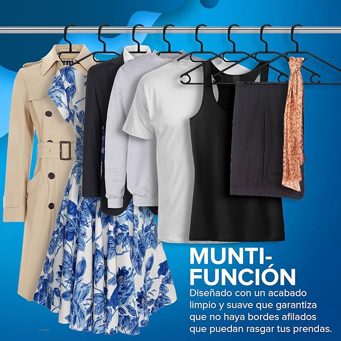 Pack of 10 Plastic Hangers for All Types of Clothes – 100% Recycled Plastic - 360º Swivel Hook - Space Saving - Accessory Holder - Hooks for Dresses and Blouses - Black - Made in Spain