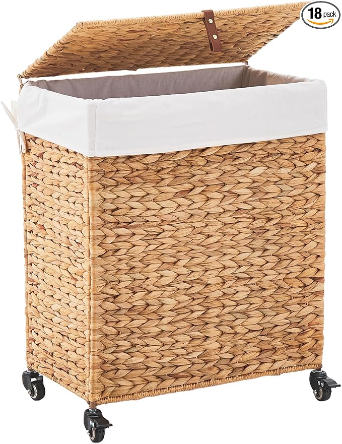 Handwoven Laundry Hamper with Wheels, Natural Water Hyacinth Rolling Laundry Basket with Lid and Removable Liner, Durable and Stylish for Bedroom, Bathroom, Laundry Room (Natural, 95L)