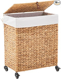 Handwoven Laundry Hamper with Wheels, Natural Water Hyacinth Rolling Laundry Basket with Lid and Removable Liner, Durable and Stylish for Bedroom, Bathroom, Laundry Room (Natural, 95L)