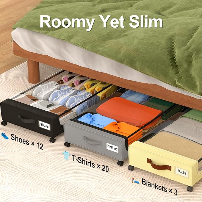 GoMaihe Under Bed Storage with Wheels: 48L Underbed Storage Containers with Clear Lids - Rolling Drawers & Bins for Shoes Clothes in Dorm Bedroom - Space-Saving Easy Pull-out Black 2-Pack