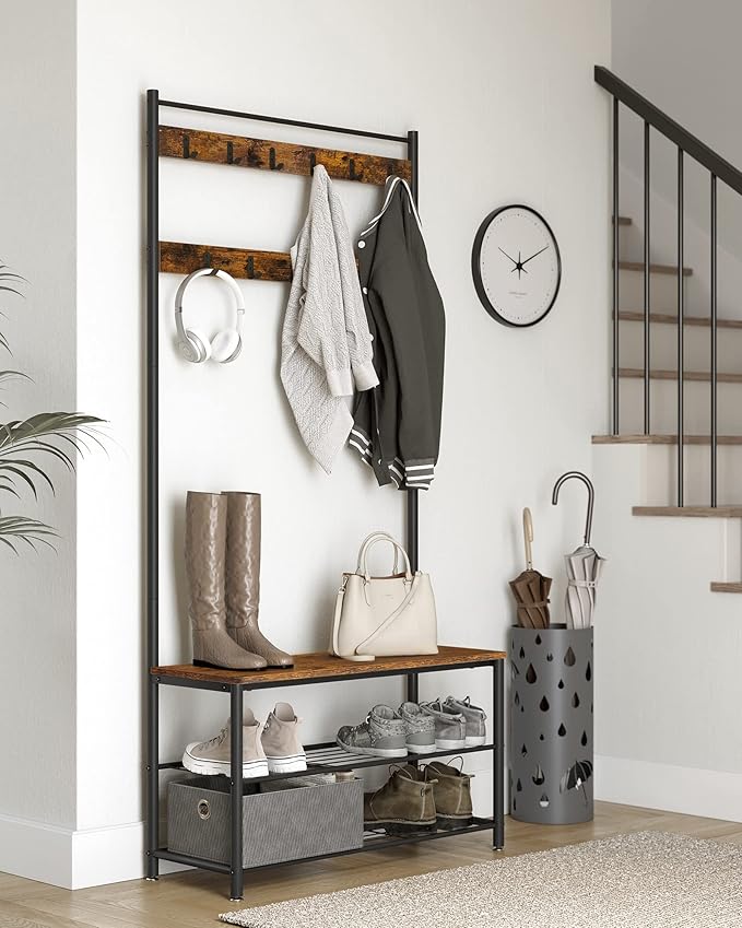 VASAGLE Coat Rack, Hall Tree with Shoe Storage Bench, Entryway Bench with Shoe Storage, 3-in-1, Steel Frame, for Entryway, 12.6 x 33.5 x 68.9 Inches, Industrial, Rustic Brown and Black UHSR401B01