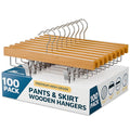 Natural Color Wooden Pants Hangers 100 Pack, Lotus Wood Hanger with Adjustable Non-Slip Clips, Heavy Duty 10 lb Capacity, 360° Swivel Hook, Slim, Space-Saving Design for Slacks, Jeans, Skirts