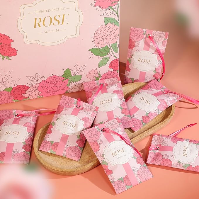 SCENTORINI Scented Sachets for Drawers and Closets, Rose Scent 14 Pack, Long-Lasting Sachets Bags, Closet Freshener Sachet for Drawers, Suitcases, Handbags, Wardrobe Freshener