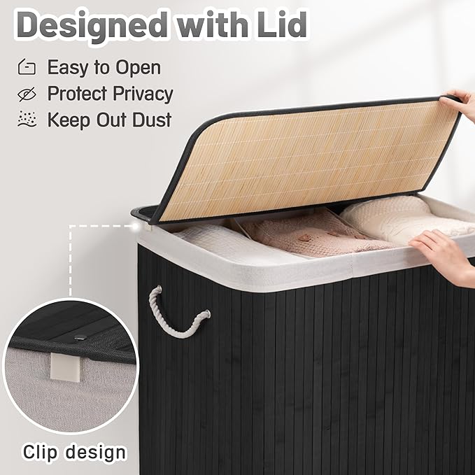 150L Laundry Hamper with lid, 3-Section Clothes Laundry Basket with Handles, Large Collapsible Bamboo Baskets for Bedroom, Bathroom, Dorm, Ink Black