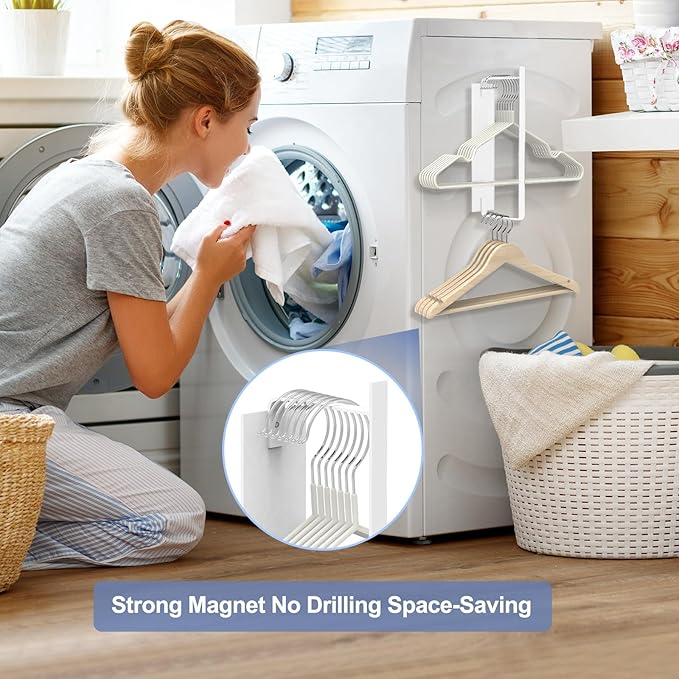 2 Pack Magnetic Hanger Holder for Laundry Room, Space-Saving Hanger Organizer for Washing Machine Dryer, Holding up to 40 Velvet Wire Plastic Hangers (2, White)