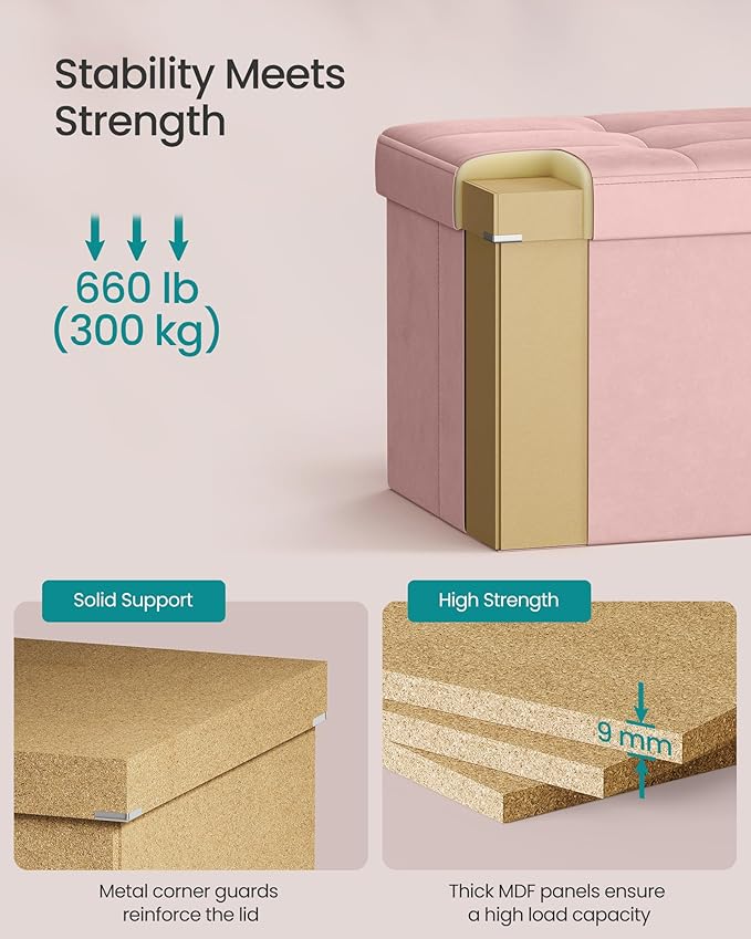 SONGMICS Mazie Collection - 30 Inches Storage Ottoman, Foldable Storage Bench with Flipping Lid, 660 lb Load Capacity, for Entryway, Living Room, Bedroom, Velvet Fabric, Jelly Pink ULSF048SA03