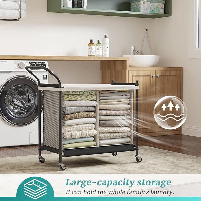 Laundry Hamper with Wheels - 2 Section Laundry Basket 140L, Removable Washable Bags, Height-Fitted Rolling Laundry Cart for Laundry Room & Bedroom