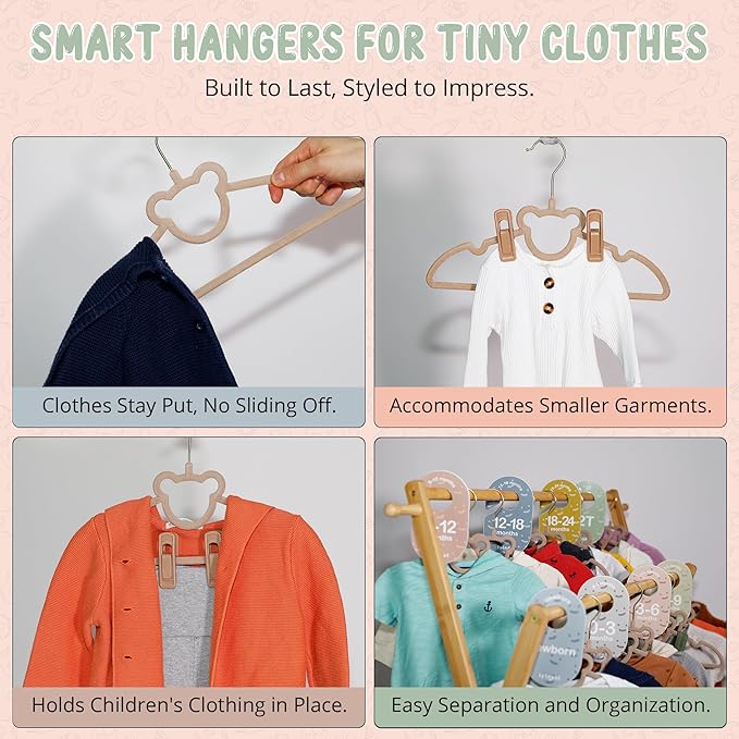 Velvet Baby Hangers with Clips – Organize Baby Clothes by Age with Size Dividers – Save Closet Space for Newborn to Toddler Outfits – Perfect Nursery Must-Have (Dune)