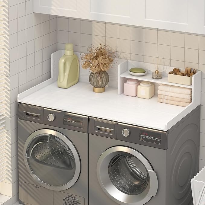 Washer Dryer Countertop, White - 2-Tier Wood 54" x 27.5" Laundry Topper with Safety Guard & Non-Slip Pads, Over The Washer Dryer Folding Shelf for Maximum Space Saving (White)