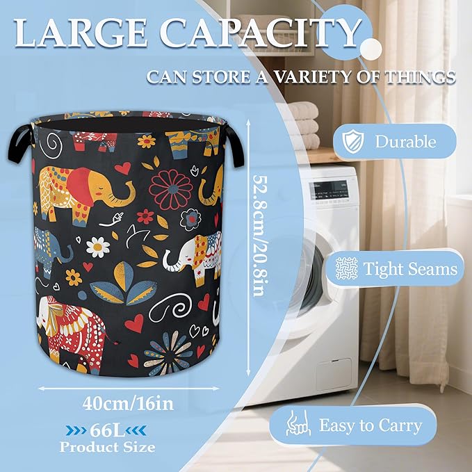 Boho Elephant Laundry Basket Collapsible Laundry Hamper Clothes Toy Storage Bin for Bathroom Bedroom Room Decor 16" X 20.8"