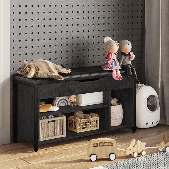 Shoe Bench, Lift Top Shoe Storage Bench, Adjustable Shelf Entryway Bench, Metal and Wood Shoe Rack Organizer with Cushion for Entry, Bedroom, Closet, Living Room, Hallway, Black 39.5W