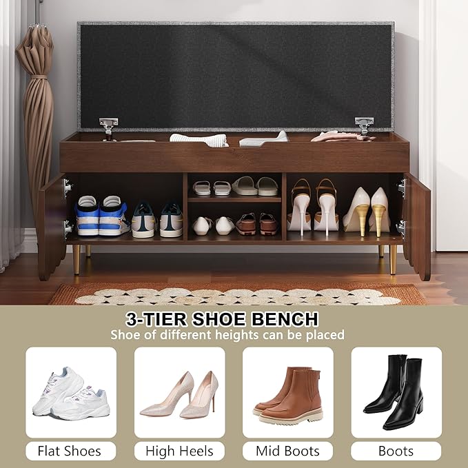 3More 40" Entryway Shoe Storage Bench,Upholstered Hidden Space Beneath Seat Cushion Bench,2-Tier Unique Geometric Shape with Wood Grain,Walnut