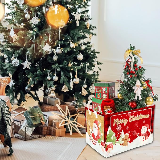 1 Pcs Merry Christmas Storage Basket, Red Plaid Decor Christmas Gift, Santa Claus Storage Boxes, Storage Boxes for Home Clothes, Toys and Books, Winter Xmas Party Decor Storage