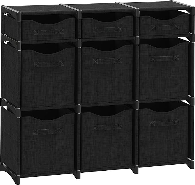 9 Cube Storage Organizer With Bins Included - Closet Storage With 9 Storage Bins - Easy To Assemble Storage Unit With Drawers - Closet Organization For Clothes, Bedroom, Nursery, & Toys (Black)