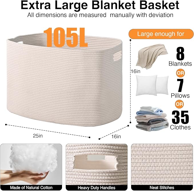 White Laundry Basket, Blanket Baskets for Living Room, Cotton Rope Baskets for Storage, Woven Basket for Blankets, Toys, Clothes, Shoes, White, 25”x16”x16” (105L)