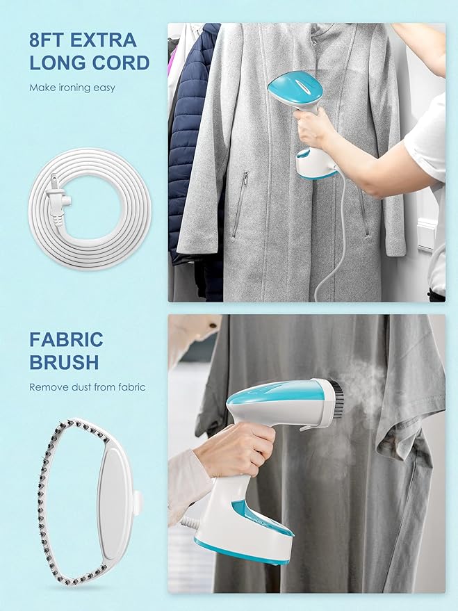 Steamer for Clothes, Folding Handheld Design Garment Wrinkles Remover, 20g/min Strong Penetrating Steam, 25-Sec Fast Heat-up, for Home, Office and Travel (Aqua)