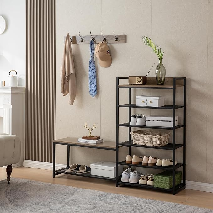 6-Tier Coat Rack Shoe Bench Set, Entryway Bench with 6 Hooks Coat Rack, Hall Tree and Shoe Storage for Entryway, Hallway, Garage, Bedroom (Vintage Grey)