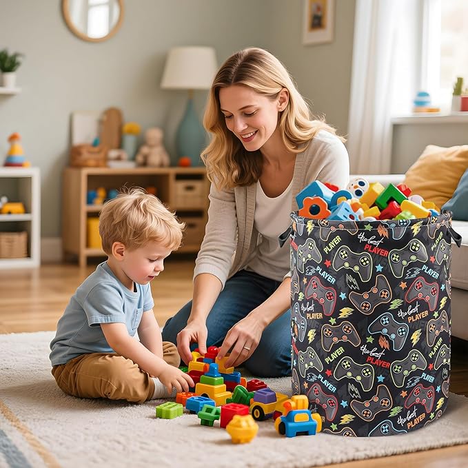 Game Laundry Basket for Boys Room Decor Folding Kids Laundry Hamper for Bedroom Gaming Toy Bin Baby Nursery Storage Bag for Playroom Bathroom Clothes Organizer for Teen, M