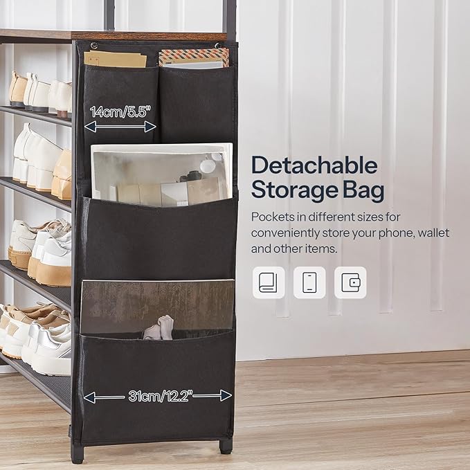 HOOBRO Hall Tree with Bench, Entryway Coat Rack with Shoe Rack, 39.4" Shoe and Coat Rack, 5 Tier Shoe Storage Organizer with Oxford Fabric Side Pockets, Adjustable Mesh Shelves, Rustic Brown BF76MT01