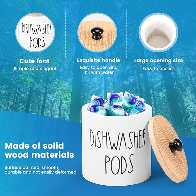 Round Dishwasher Pods Container, Wooden Laundry Pod Holder with Lid, White