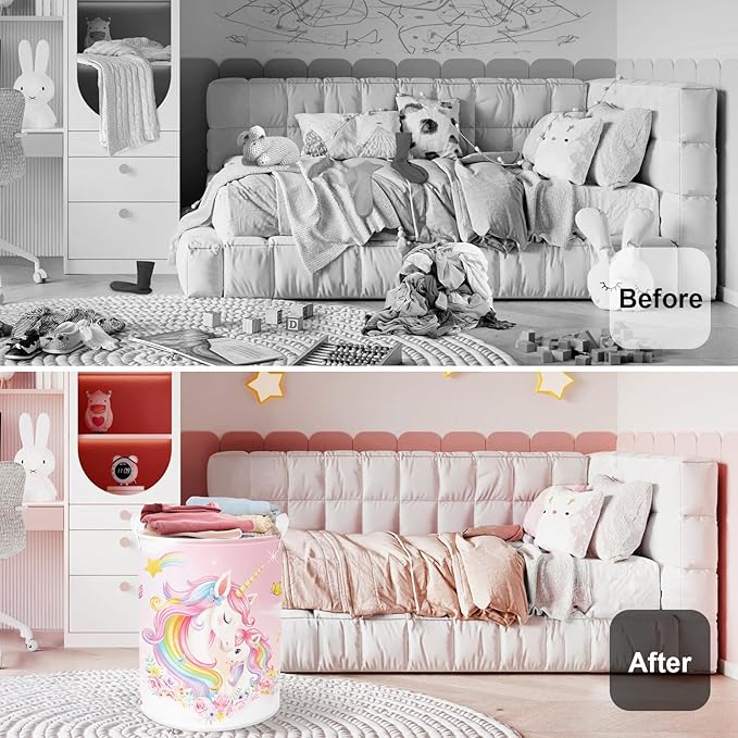 Unicorn Laundry Hamper Large Storage Basket Rainbow Clouds Collapsible Parents Organizer Kids Toy Clothes Bins for Bedroom, Bathroom, Flowers, 63L