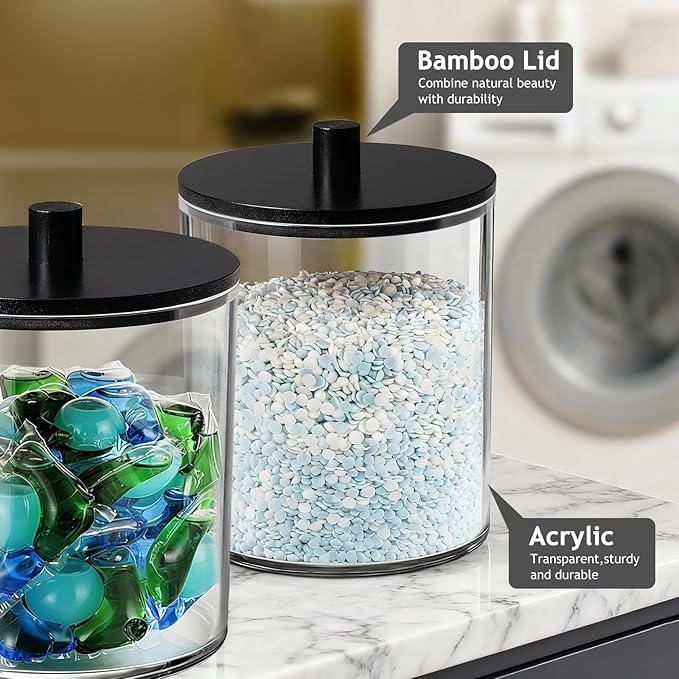 SheeChung 1 Pack 50oz Matte Black Bamboo Lid Apothecary Jar, Modern Laundry Pods Container, Industrial Organization & Storage Jar, Shatterproof Plastic Canister for Scent Beads with Stickers & Spoon