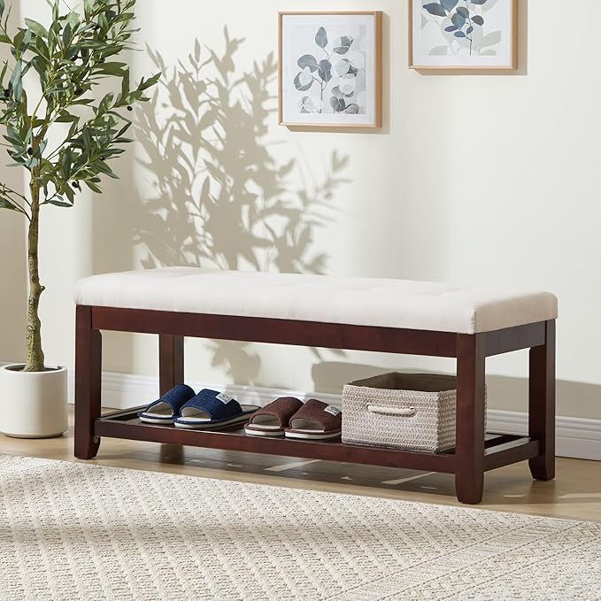 Shoe Bench Entryway, 44" End of Bed Bench,Upholstered Linen Bench for Living Room,Fabric Ottoman Bench with Solid Wood Shelf for Bedroom, Entrance Beige