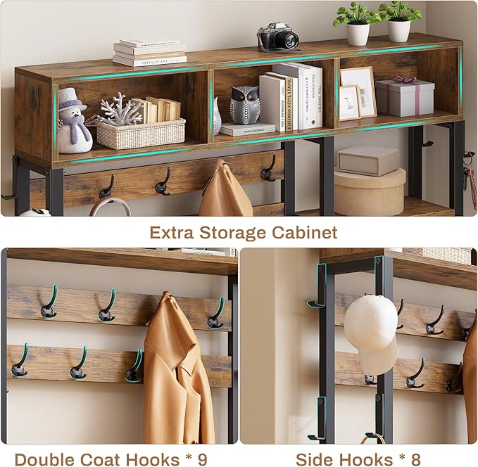 Itaar Hall Tree with Bench and Shoe Storage, 7-in-1 Entryway Bench with Coat Rack, 3 Storage Cubbies, 3 Open Shelves, 17 Coat Hooks, 2 Fabric Drawers (Rustic Brown)