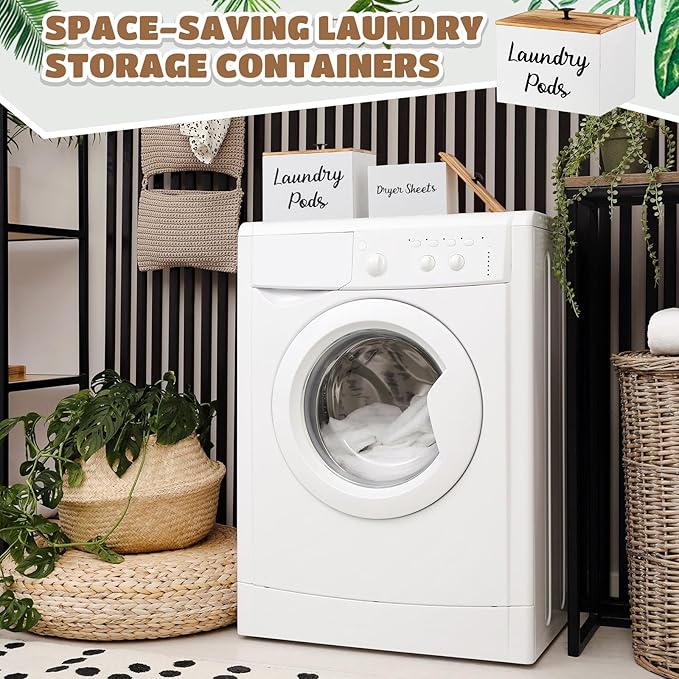 Dandat 2 Pcs Wood Rustic Laundry Dryer Sheet Holder Pod Container with Lid 8.7 x 6.3 x 6.4 Inch Laundry Pod Holder 7.3 x 3.7 x 5 Inch Dryer Sheet Dispenser Wooden Box Container(White)