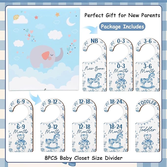 Baby Closet Dividers 8PCS, Blue Toile Themed Wooden Double-Sided Clothes Size Hanger/Organizer from Newborn to Toddler for Nursery Decor Baby Shower Birthday Gender Reveal Party Gift